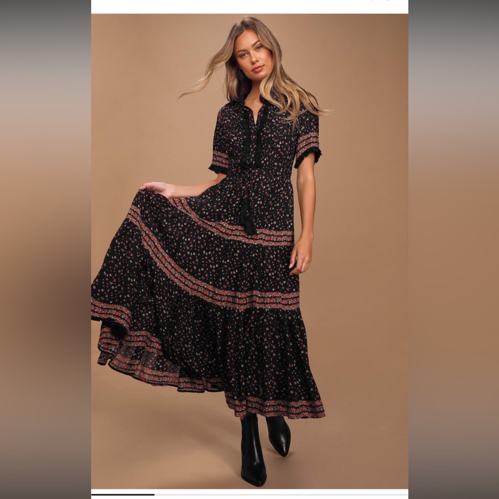 Free People Rare Feelings Black Floral Print Tiered Pleated Maxi Dress